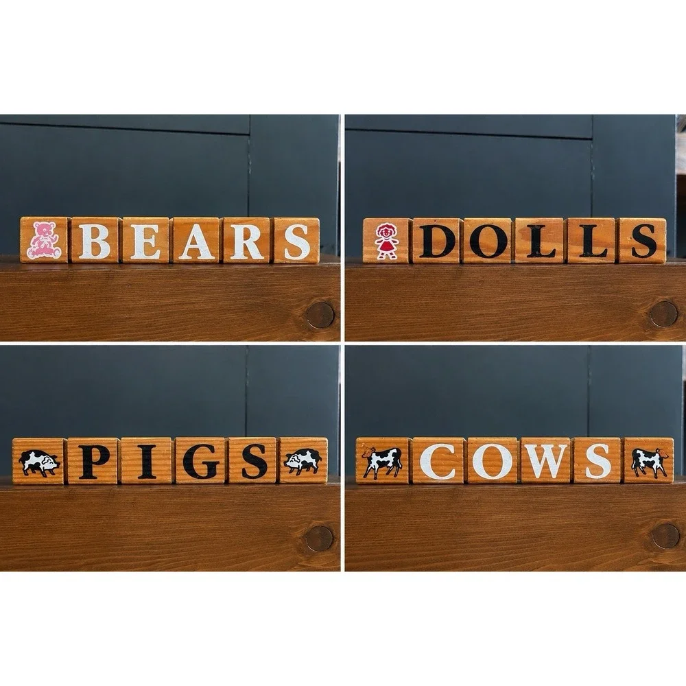 Wooden Word Blocks Shelf Sitter PIGS BEARS COWS DOLLS Farmhouse Decor VTG